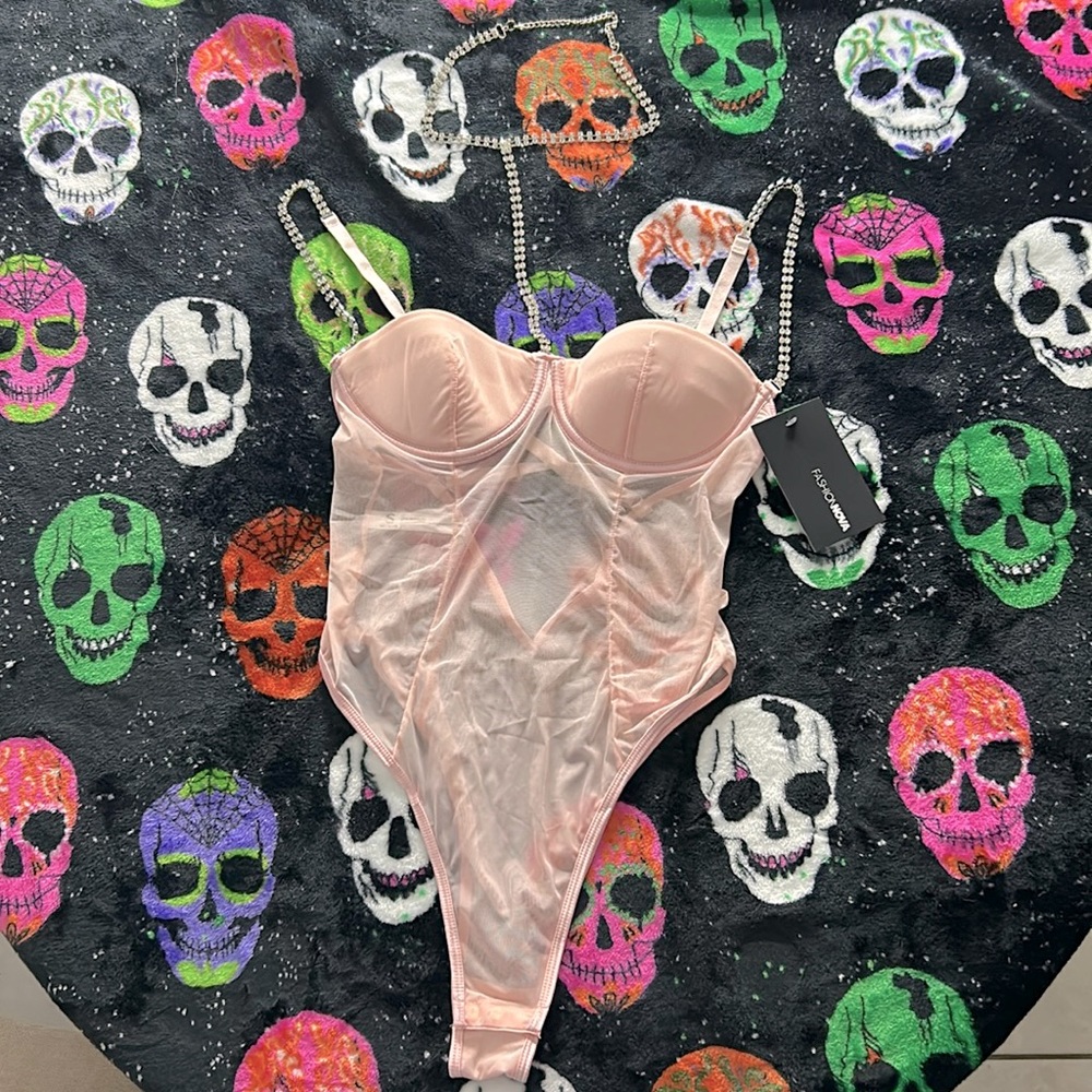Fashion Nova Pink Mesh and Rhinestone Teddy